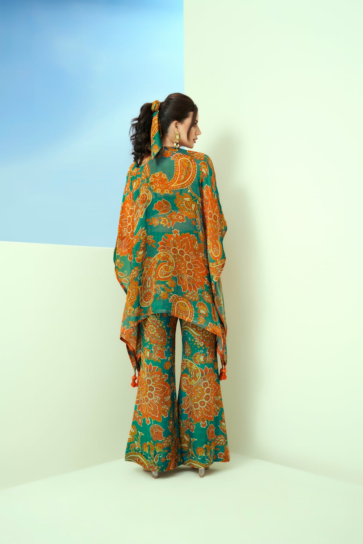 Green Printed V Neck Kaftan Set