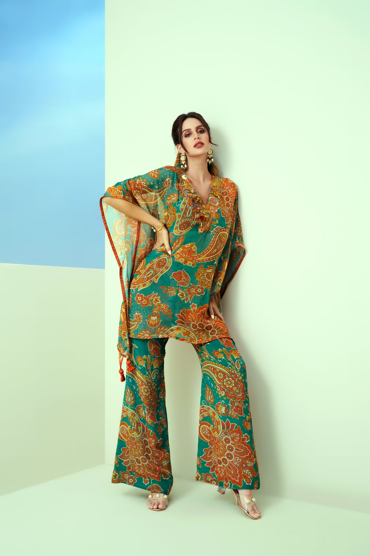 Green Printed V Neck Kaftan Set