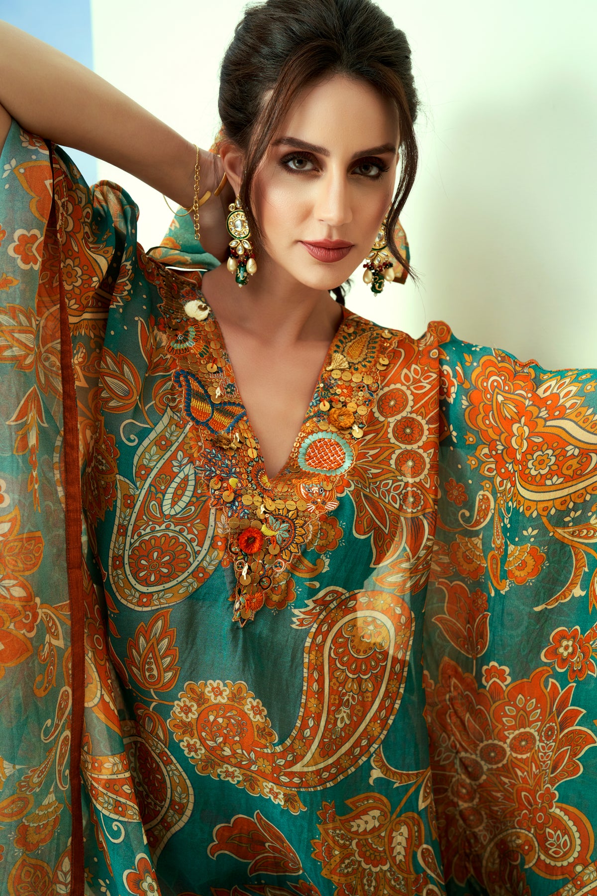 Green Printed V Neck Kaftan Set