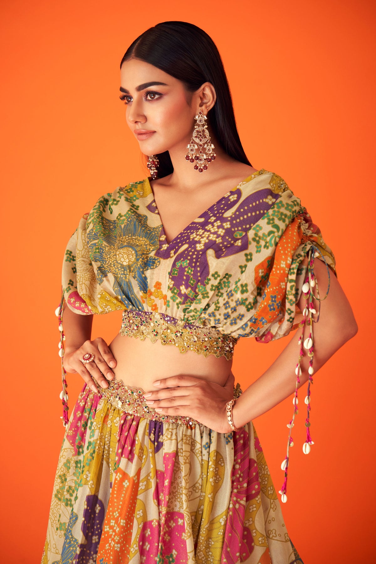 Off White Floral Indowestern Lehenga Set