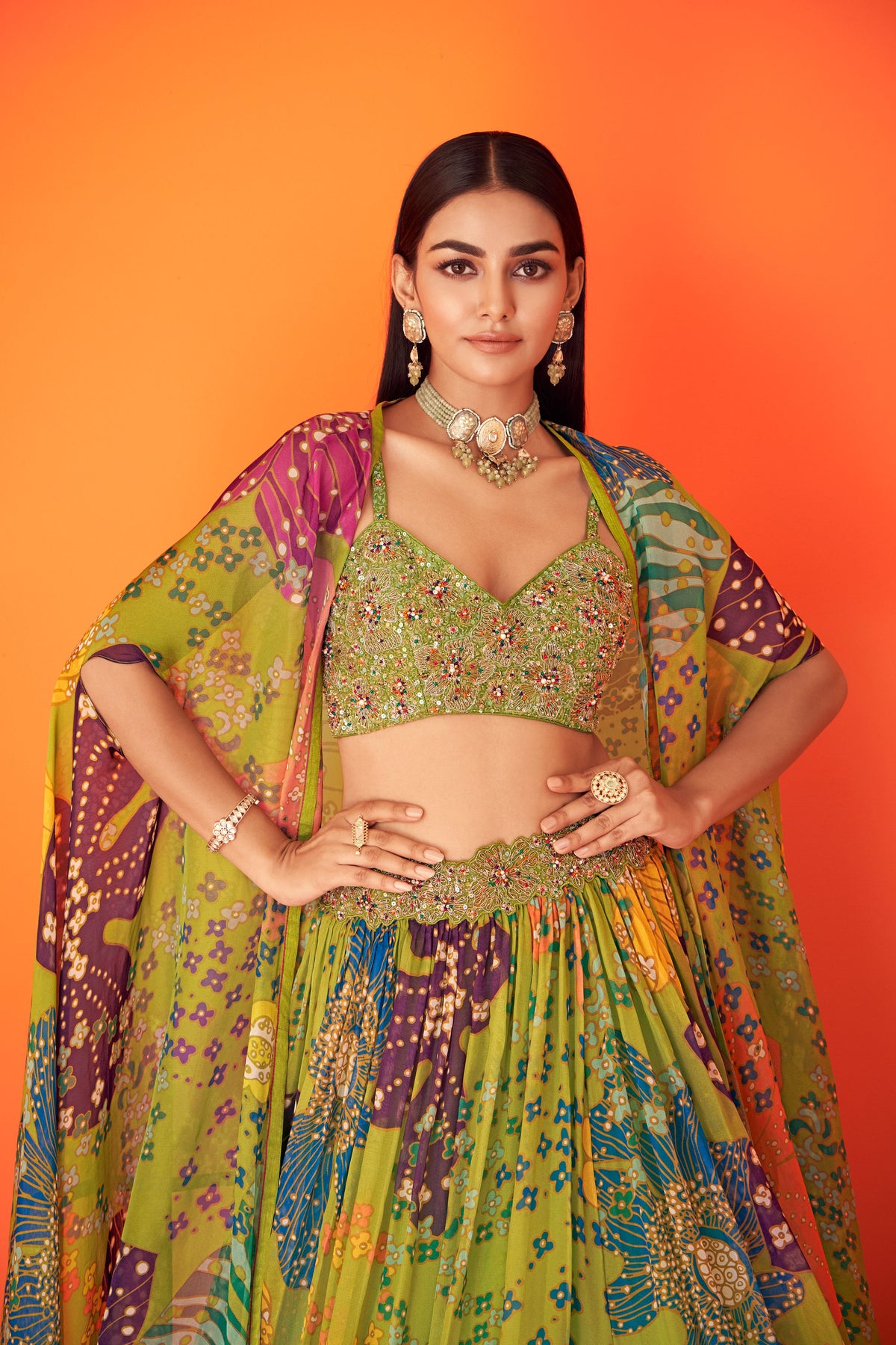 Green Floral Indowestern Lehenga Set