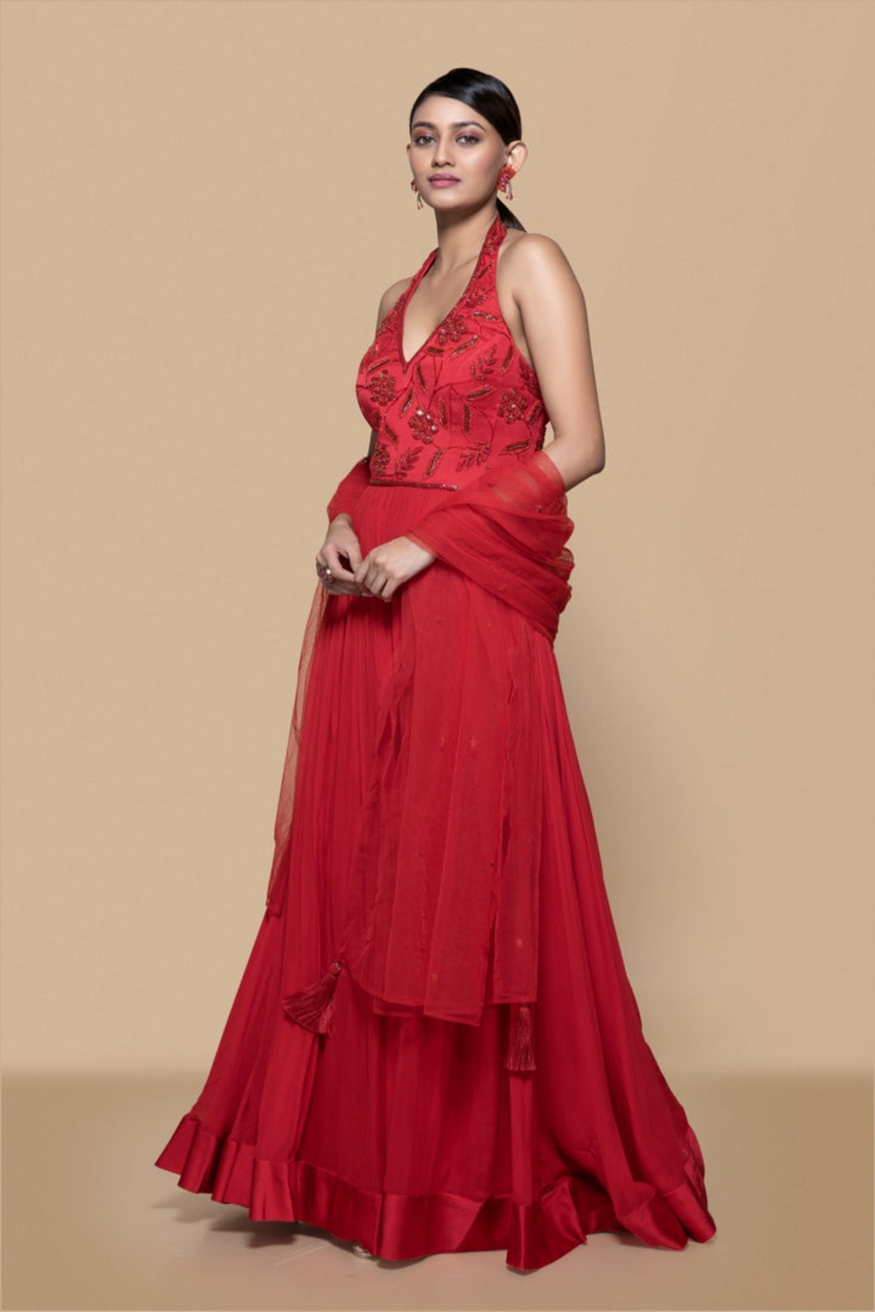 Sanjev Marwaaha Red Halter Neck Anarkali Set Elahe