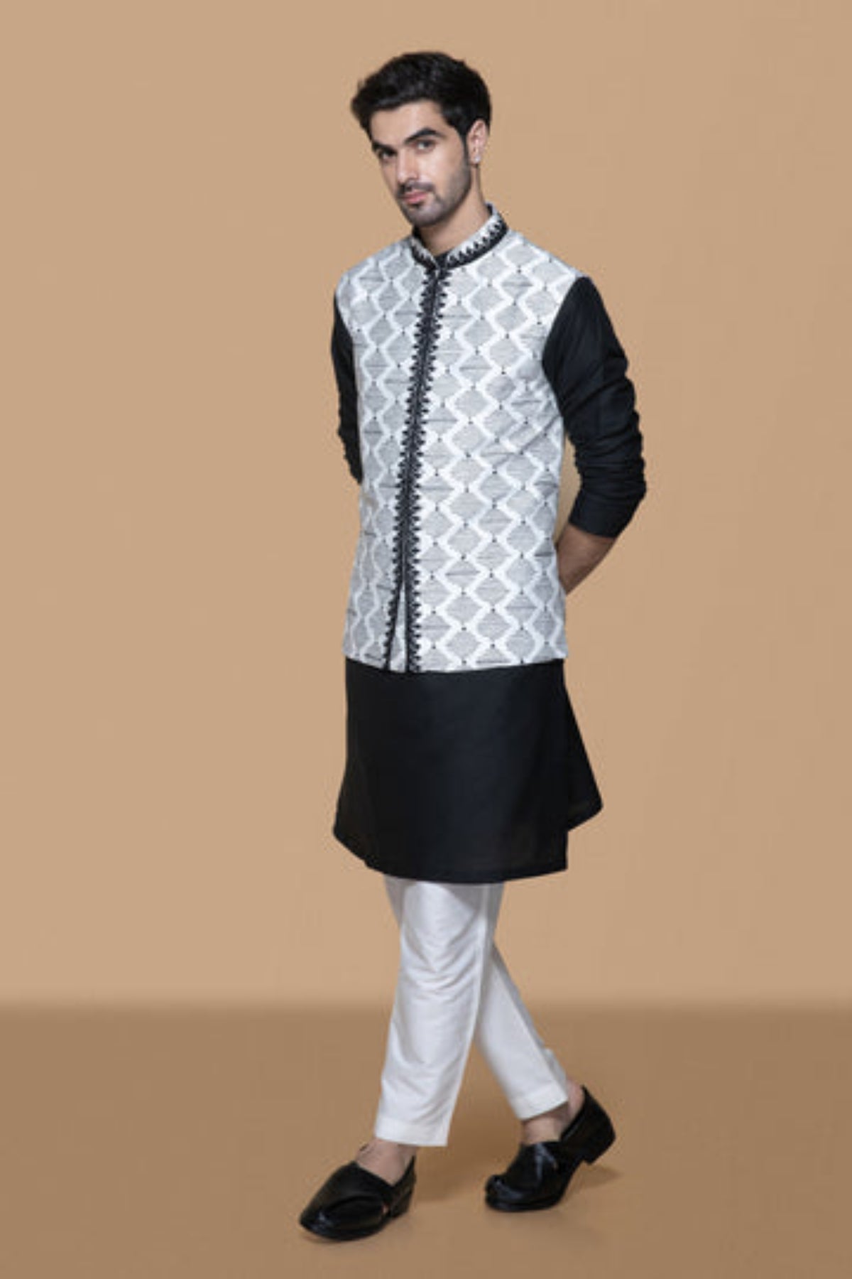 Ivory And Black Hand Block Bundi Kurta Set