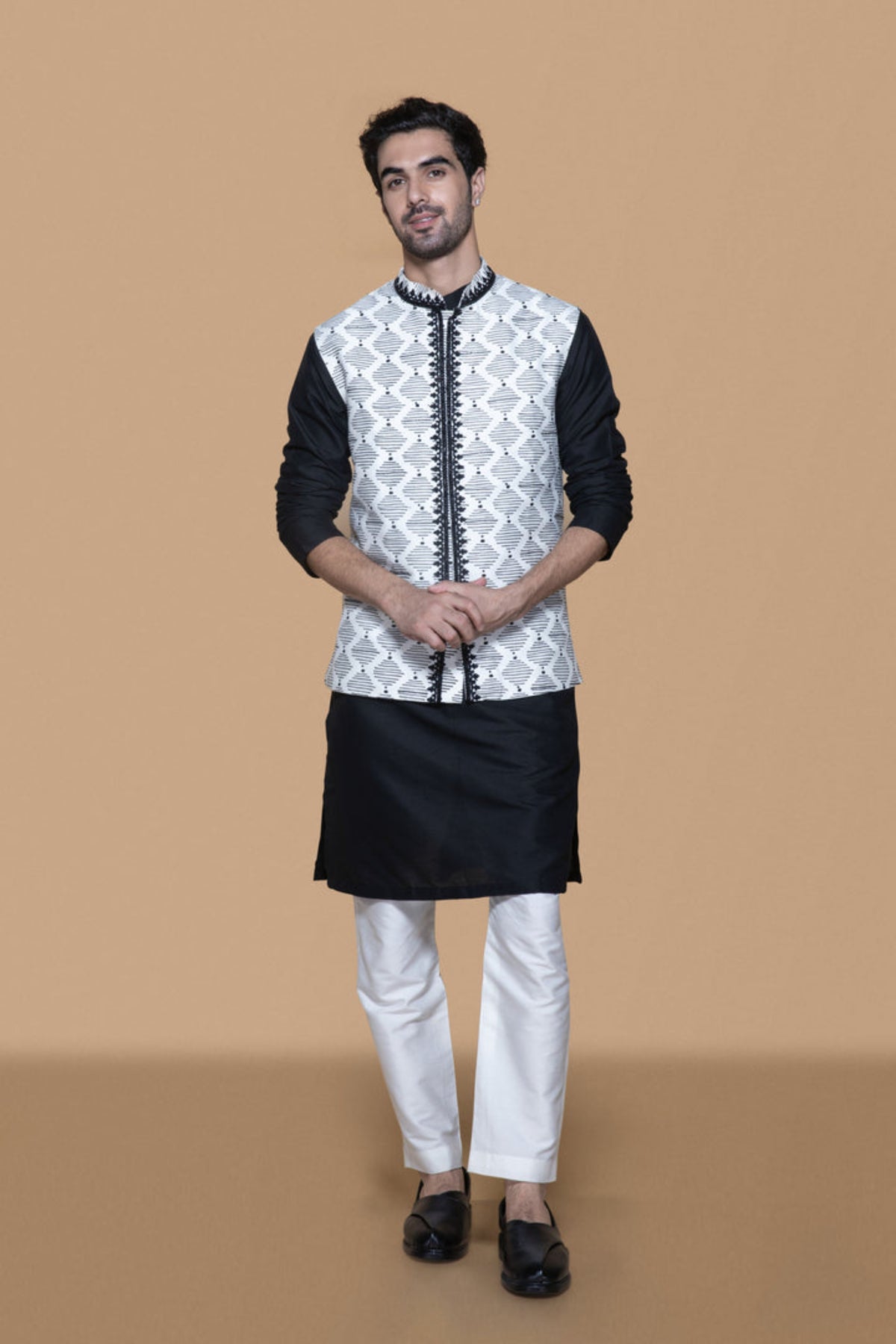 Ivory And Black Hand Block Bundi Kurta Set