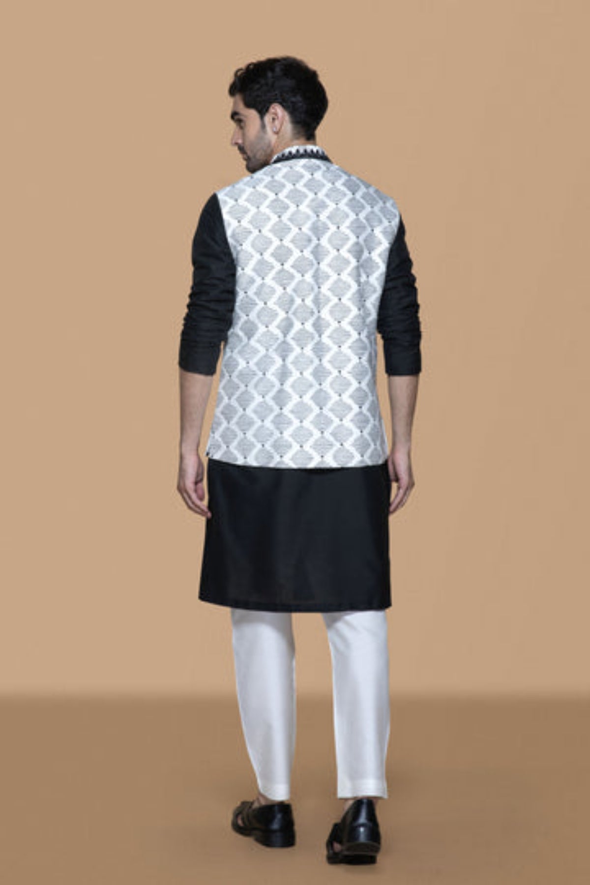 Ivory And Black Hand Block Bundi Kurta Set