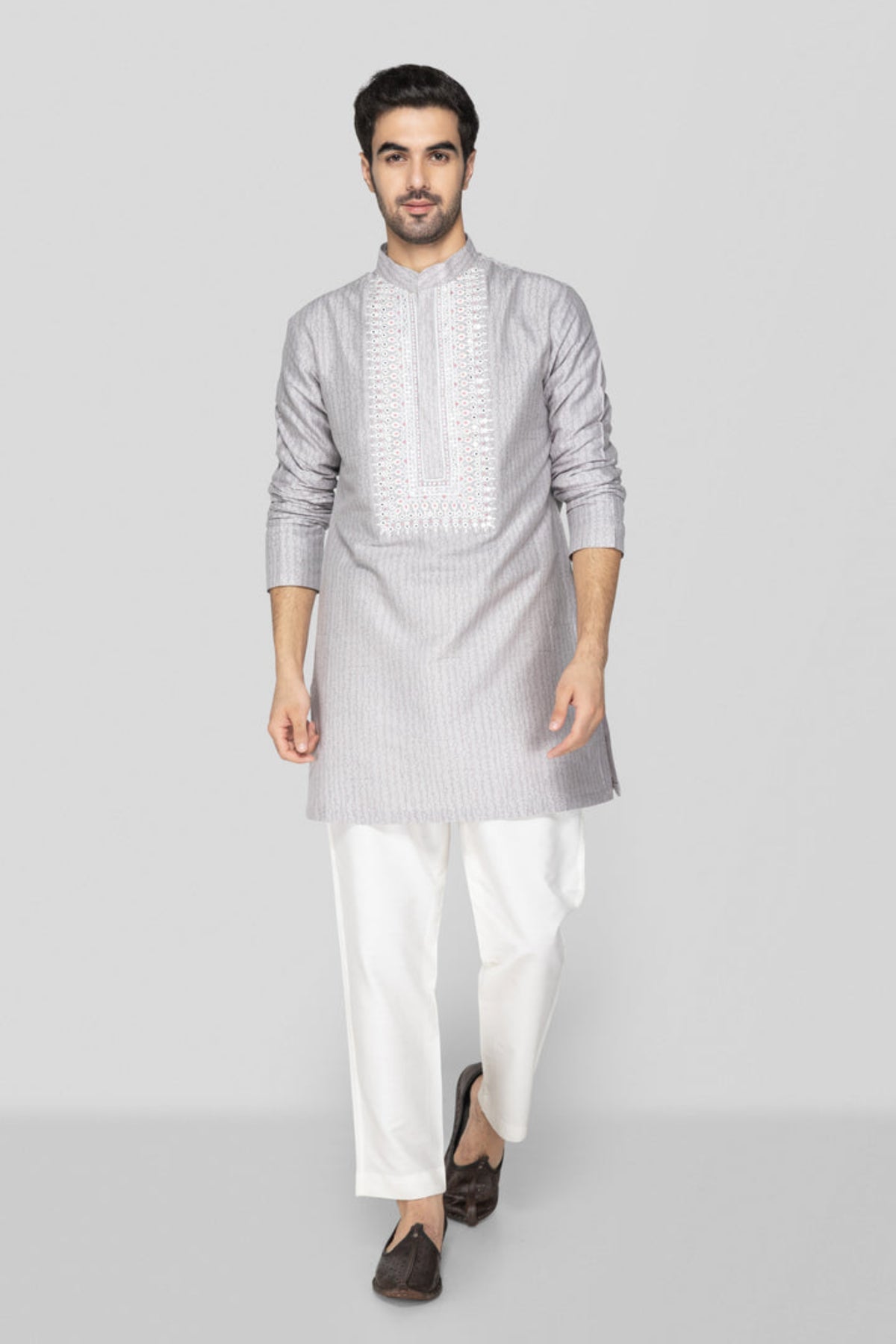 Grey Hand Block Printed Short Kurta Set