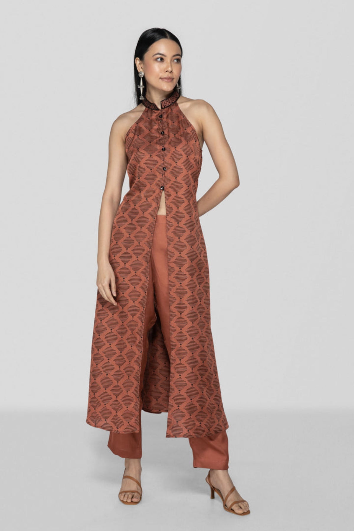 Dark Peach Hand Block Printed Halter Neck Co-ord Set