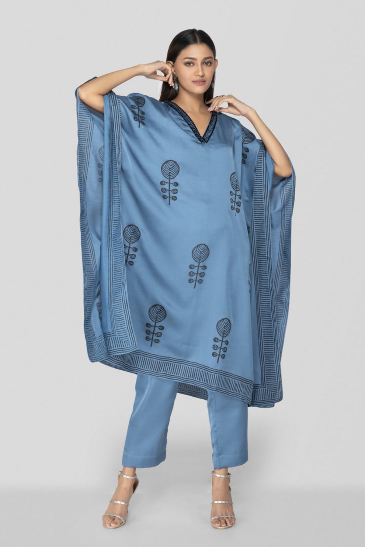 Command Blue Hand Block Printed Kaftan Set