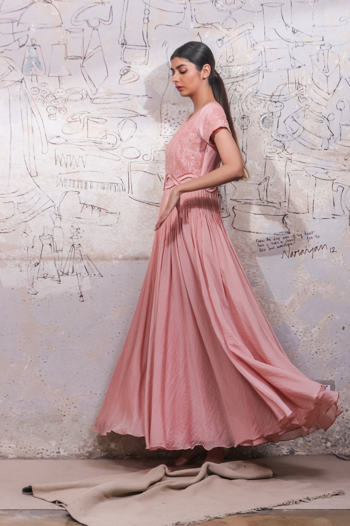 Pink Noil Pleated Long Dress
