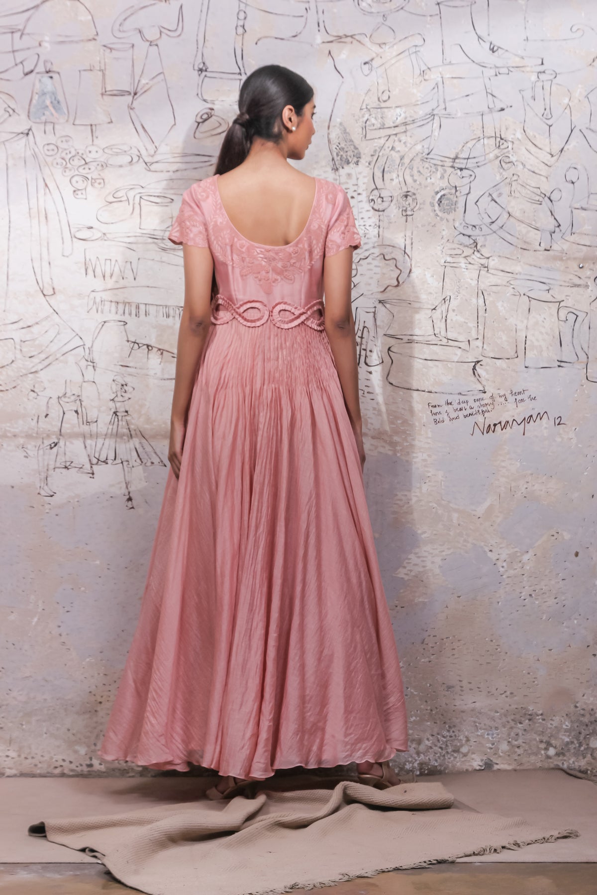 Pink Noil Pleated Long Dress