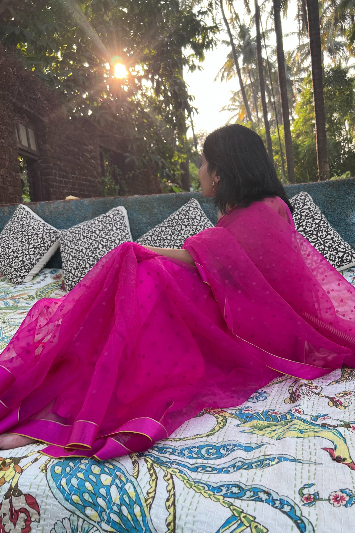 Pink Wildflower Meadow Jamdani Dots Silk Saree