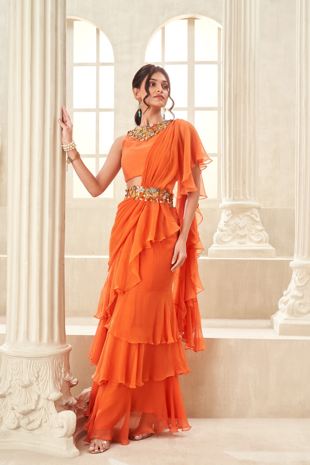 Orange Pre Draped Saree Set