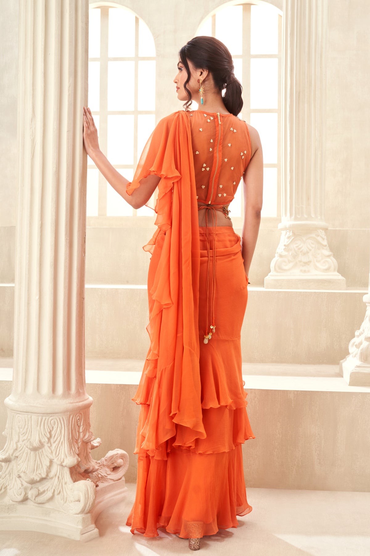 Orange Pre Draped Saree Set