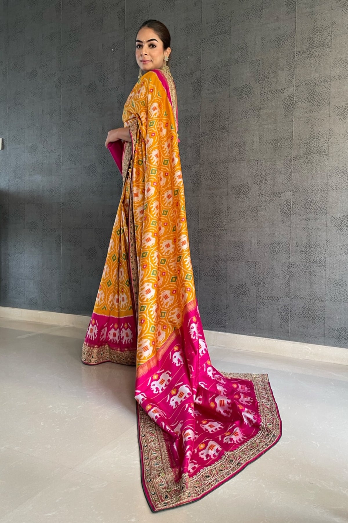 Yellow And Pink Pochampalli Ikat Saree