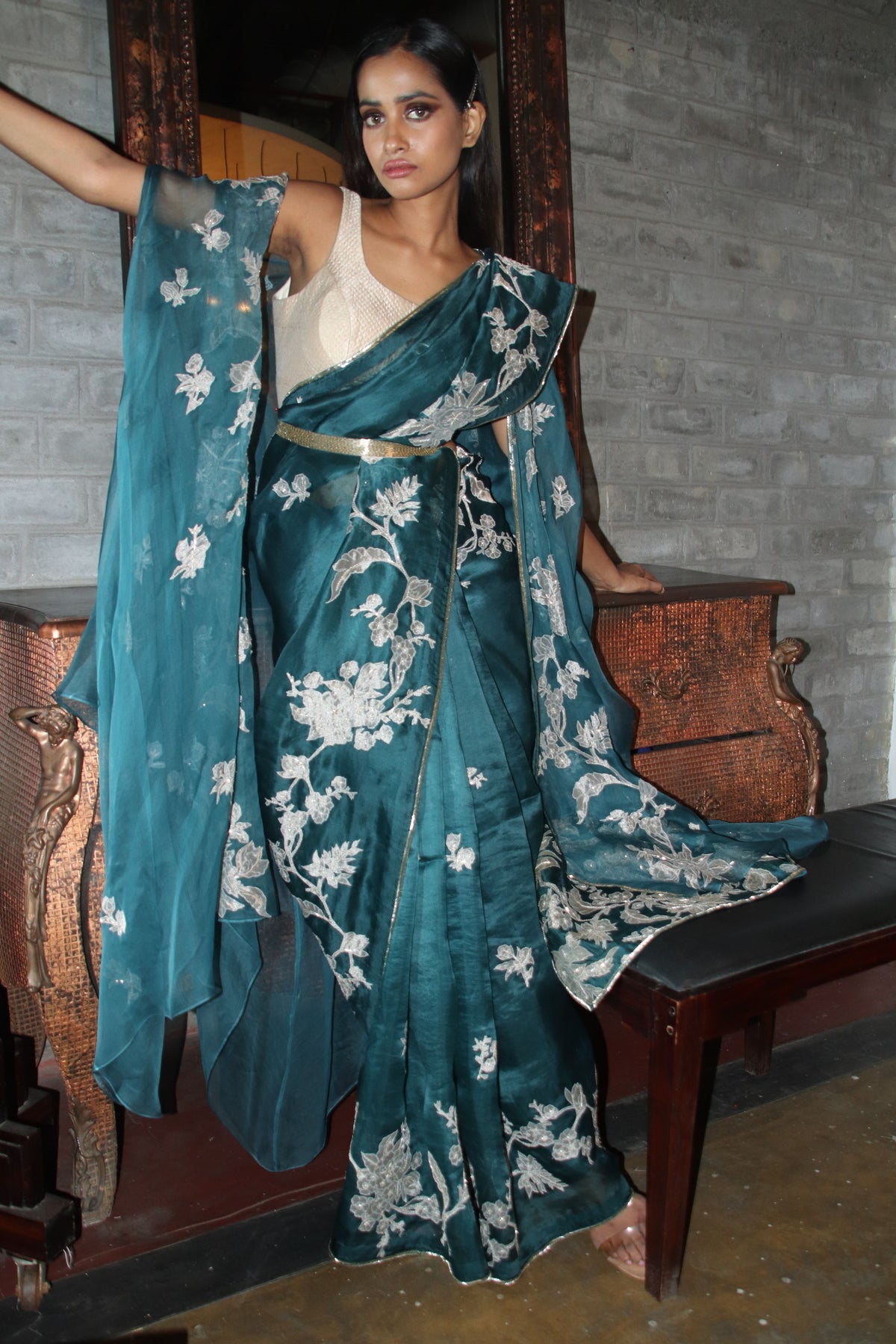 Teal Gold Organza Saree