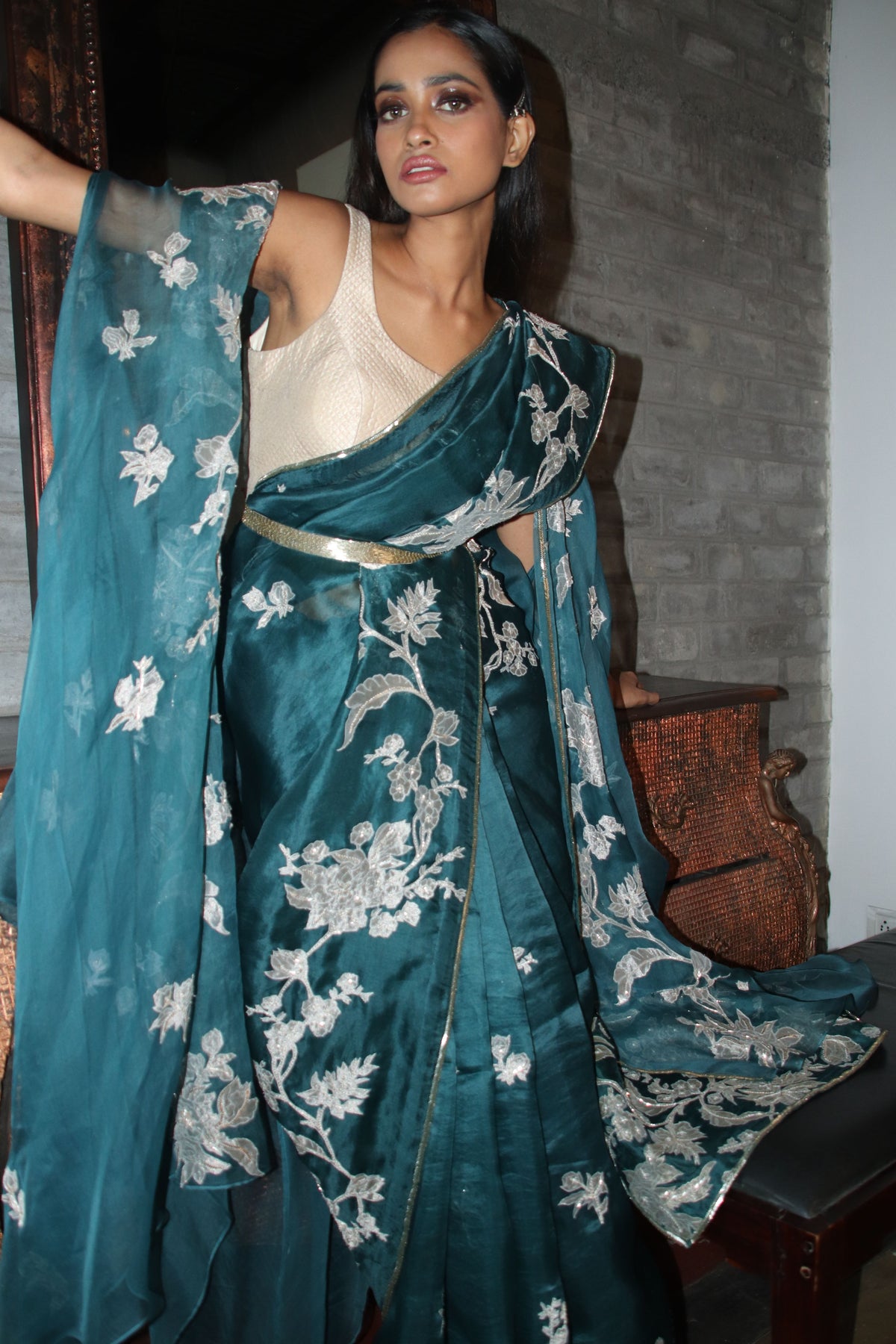 Teal Gold Organza Saree