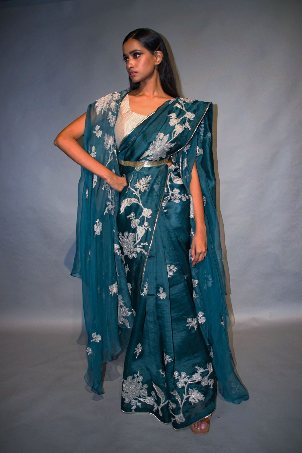 Teal Gold Organza Saree