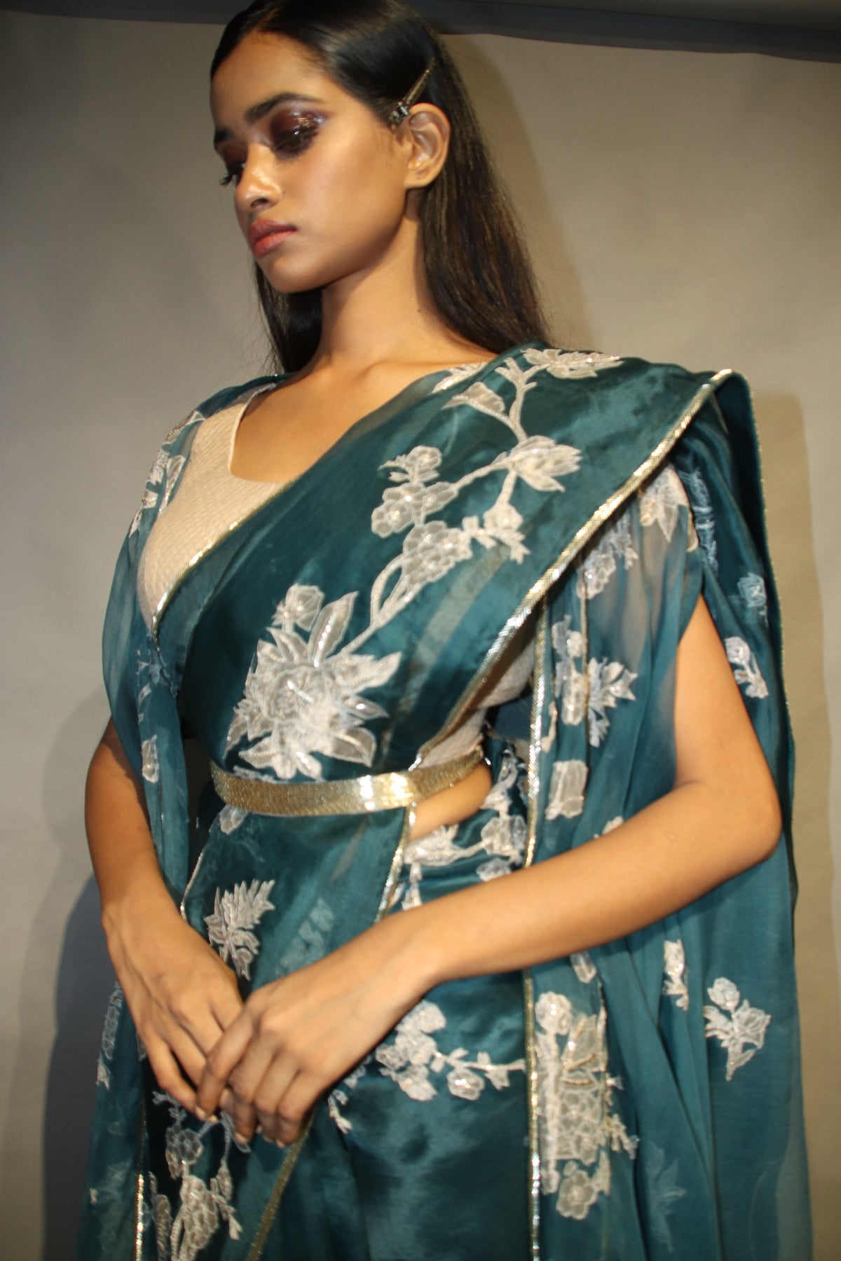 Teal Gold Organza Saree