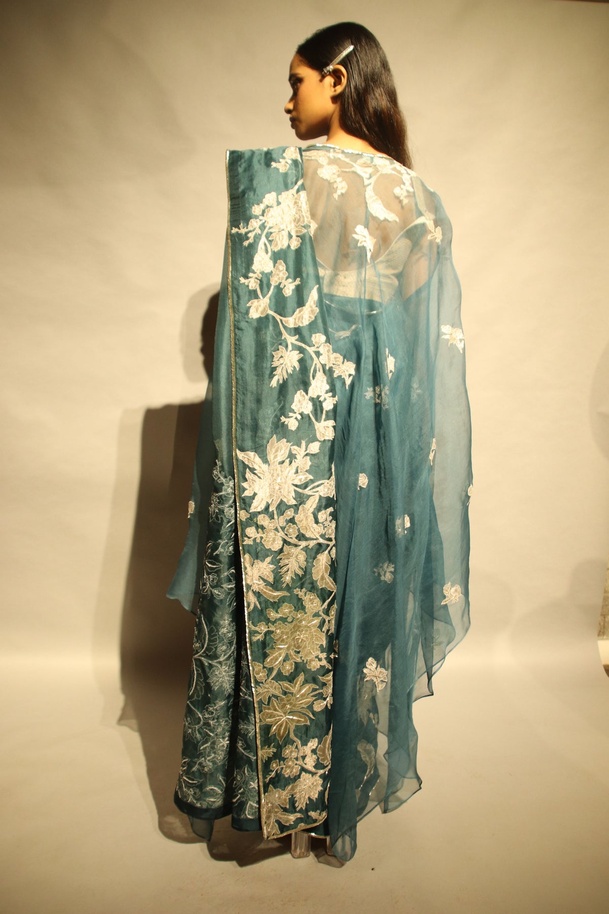 Teal Gold Organza Saree