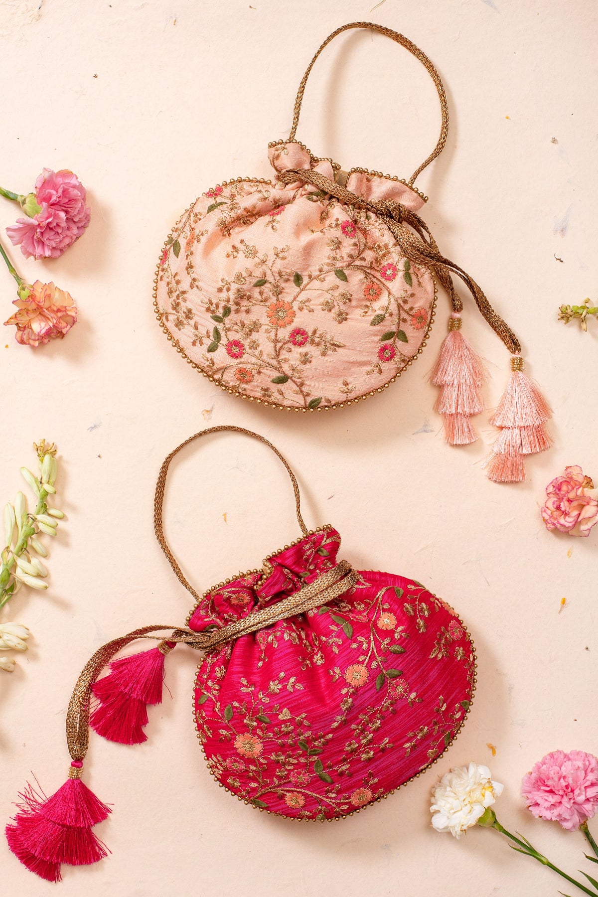 Floral Creeper Pink Potli Bag