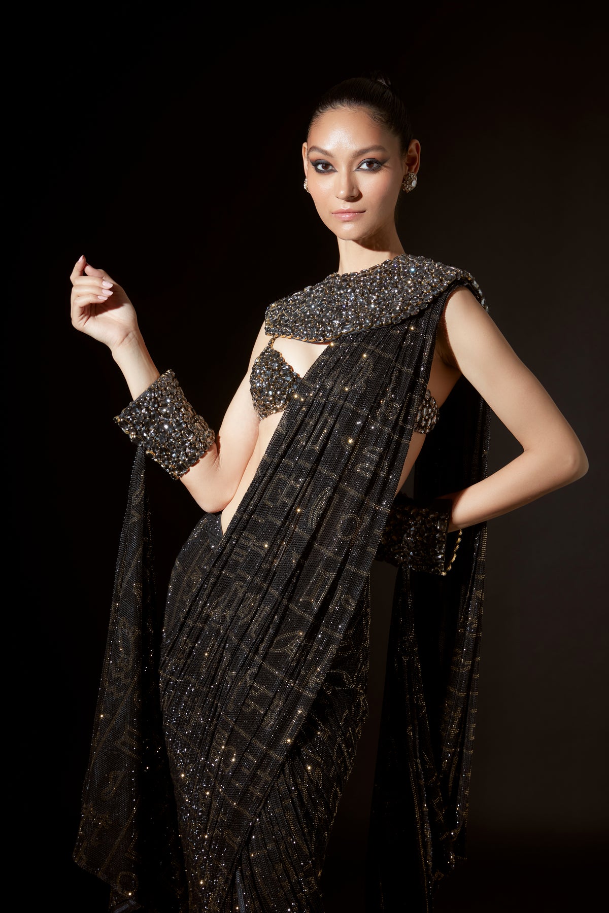 Black Hieroglyphic Whimsy Saree Set