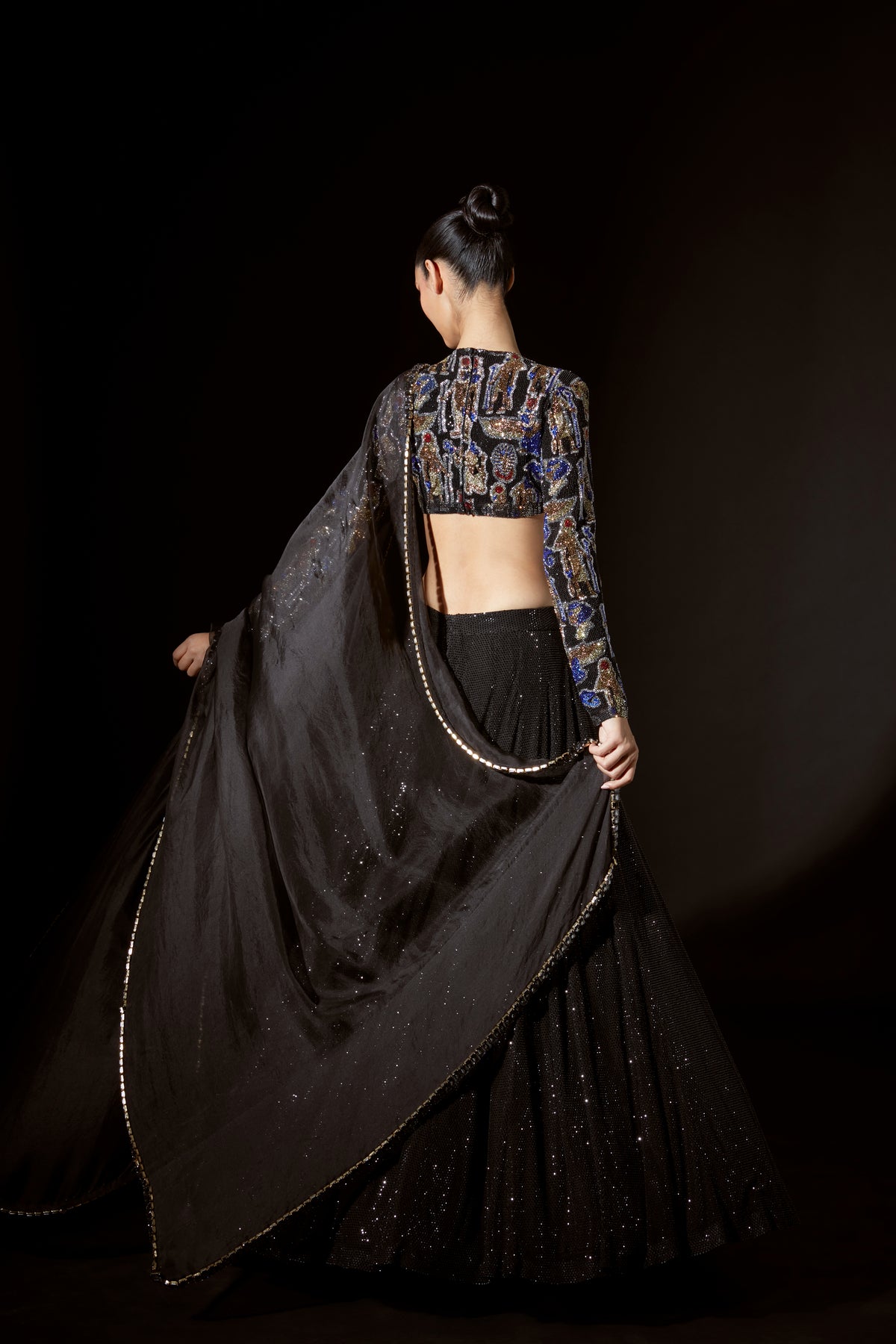 Black Figurine Flow Lehenga Set