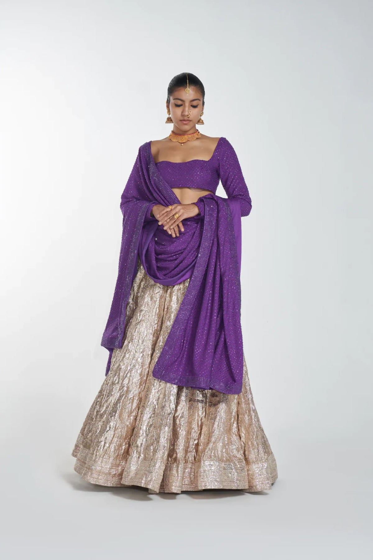 Gold And Purple Lehenga Set