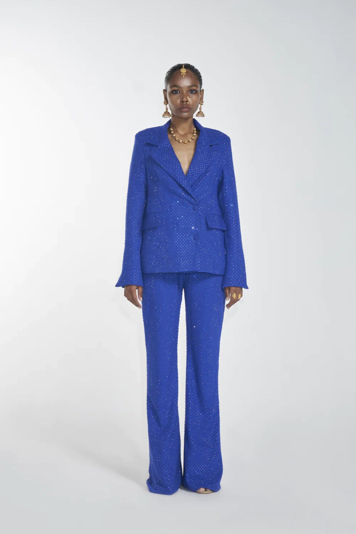 Crystal blazer with blue pant