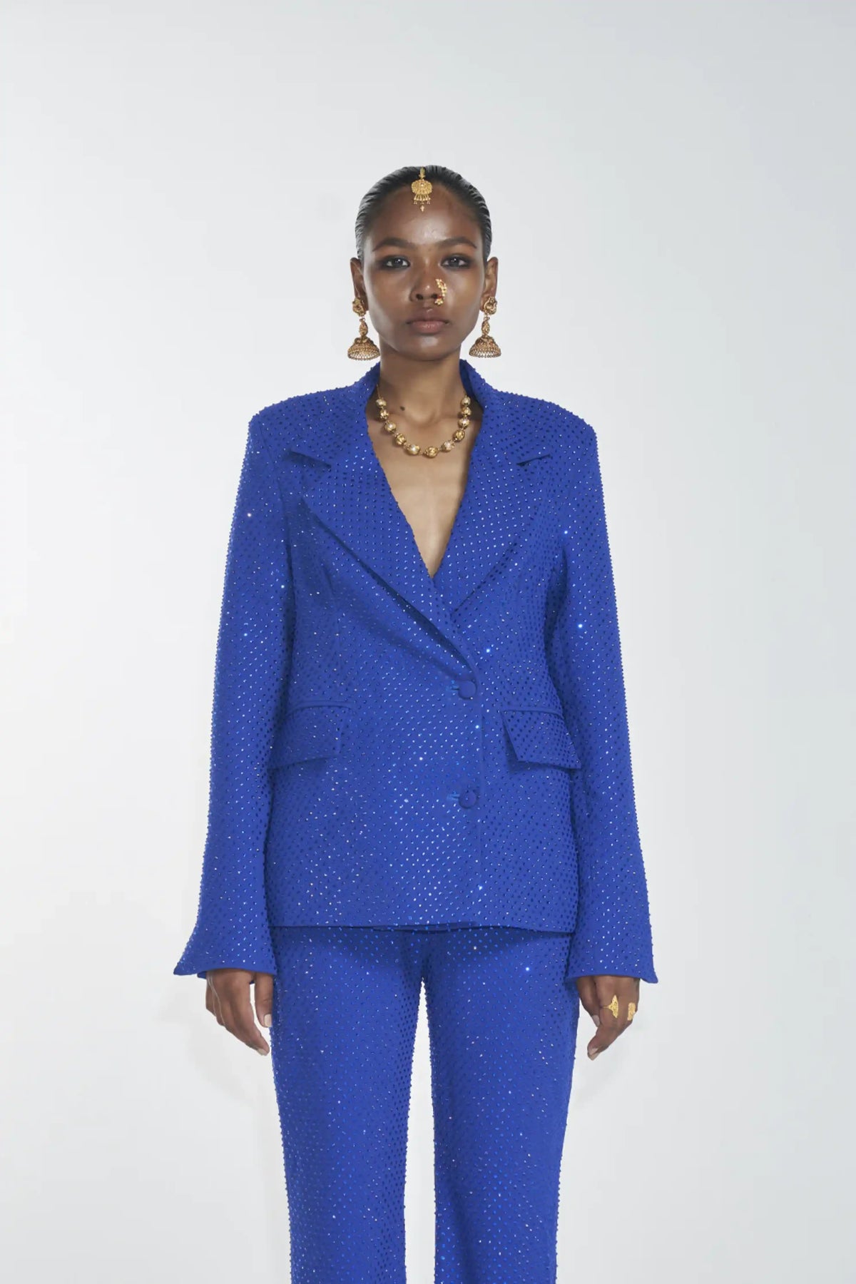 Crystal blazer with blue pant