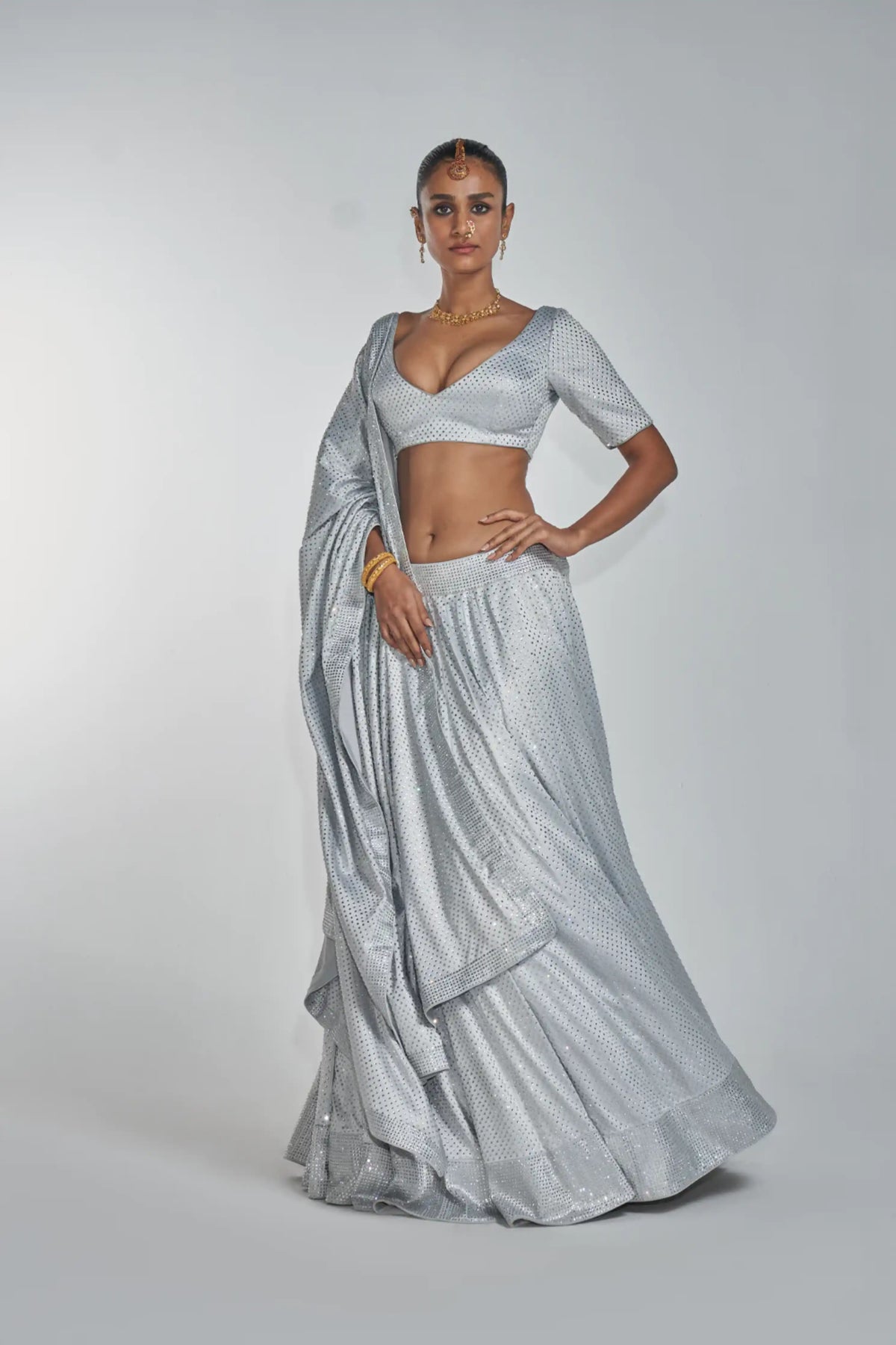 Silver lehenga and blouse with dupatta