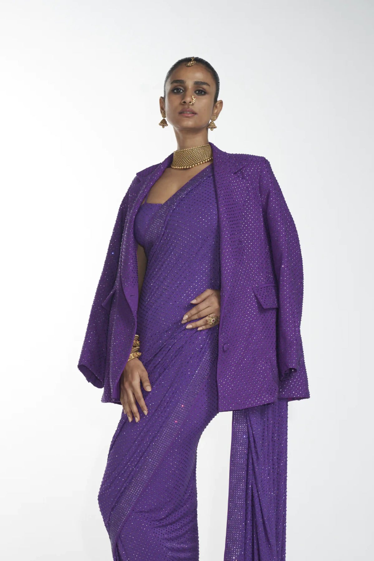 Purple Saree With Purple Blazer