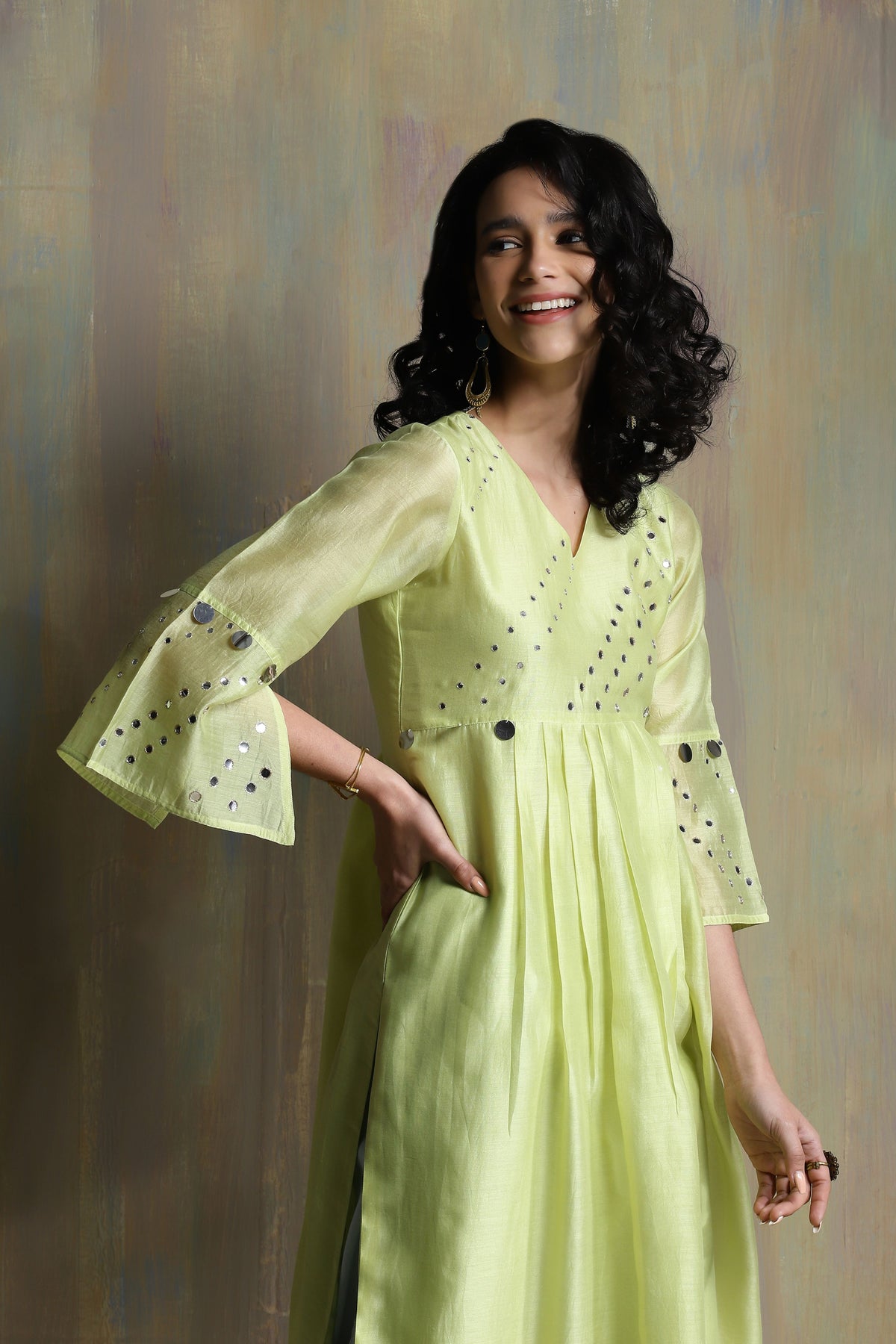 Lime Yellow Chanderi Kurta Set With Jogger