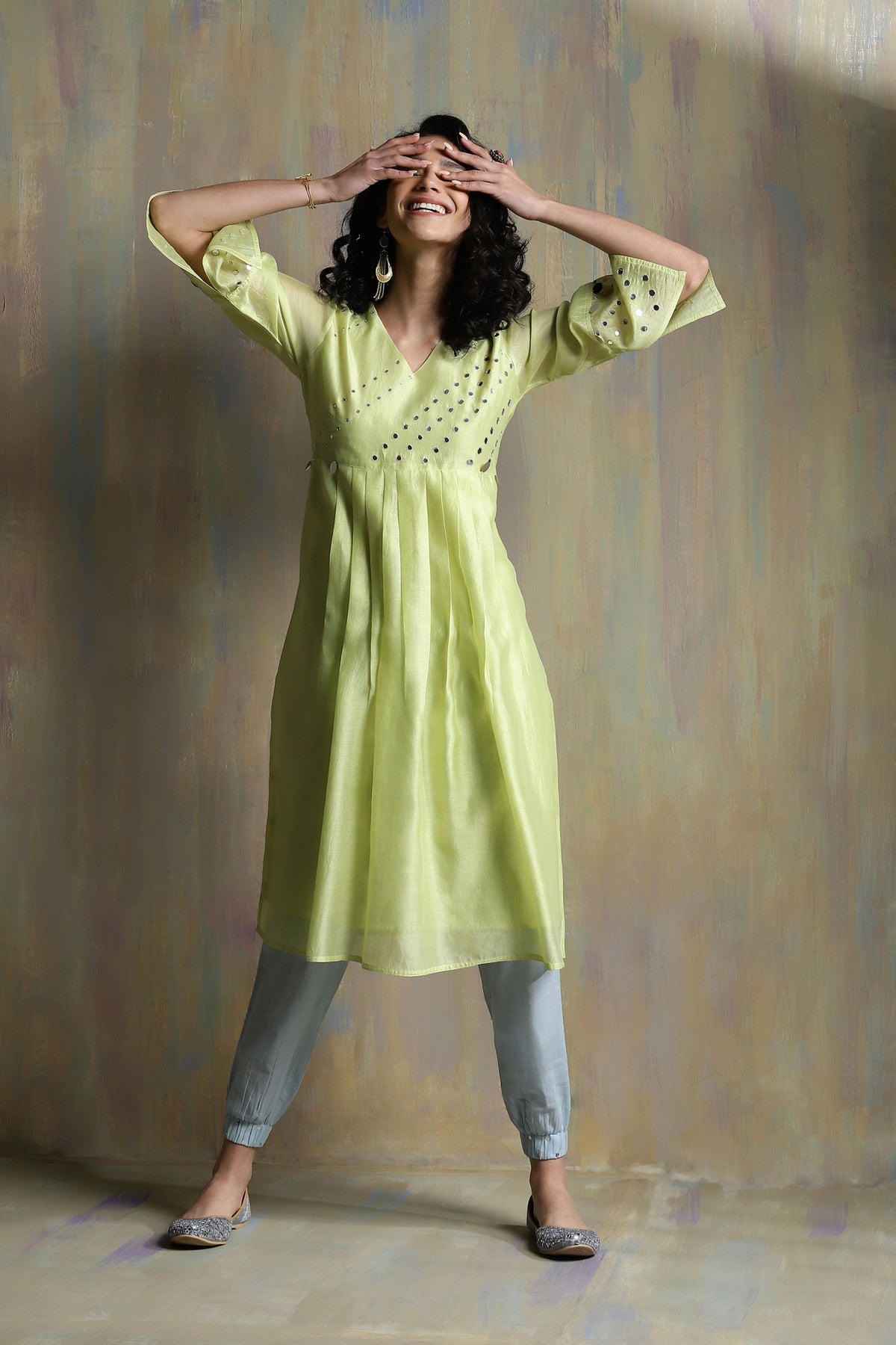 Lime Yellow Chanderi Kurta Set With Jogger