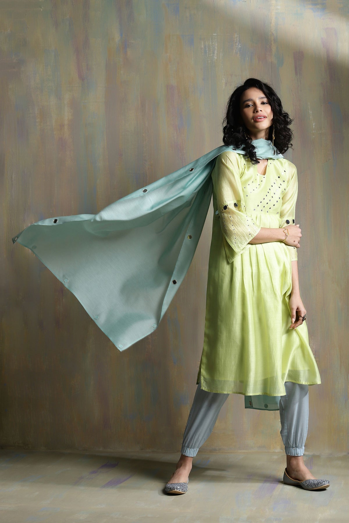 Lime Yellow Chanderi Kurta Set With Jogger