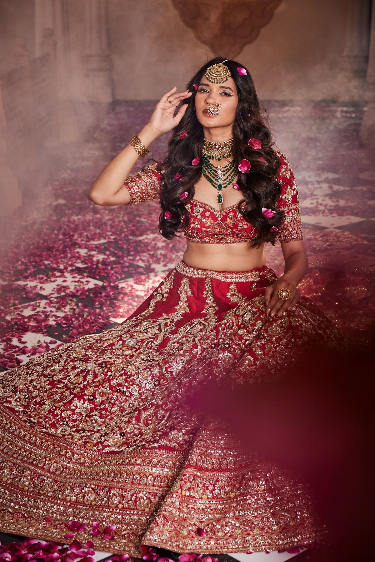 Red Heavily Embroidered Lehenga