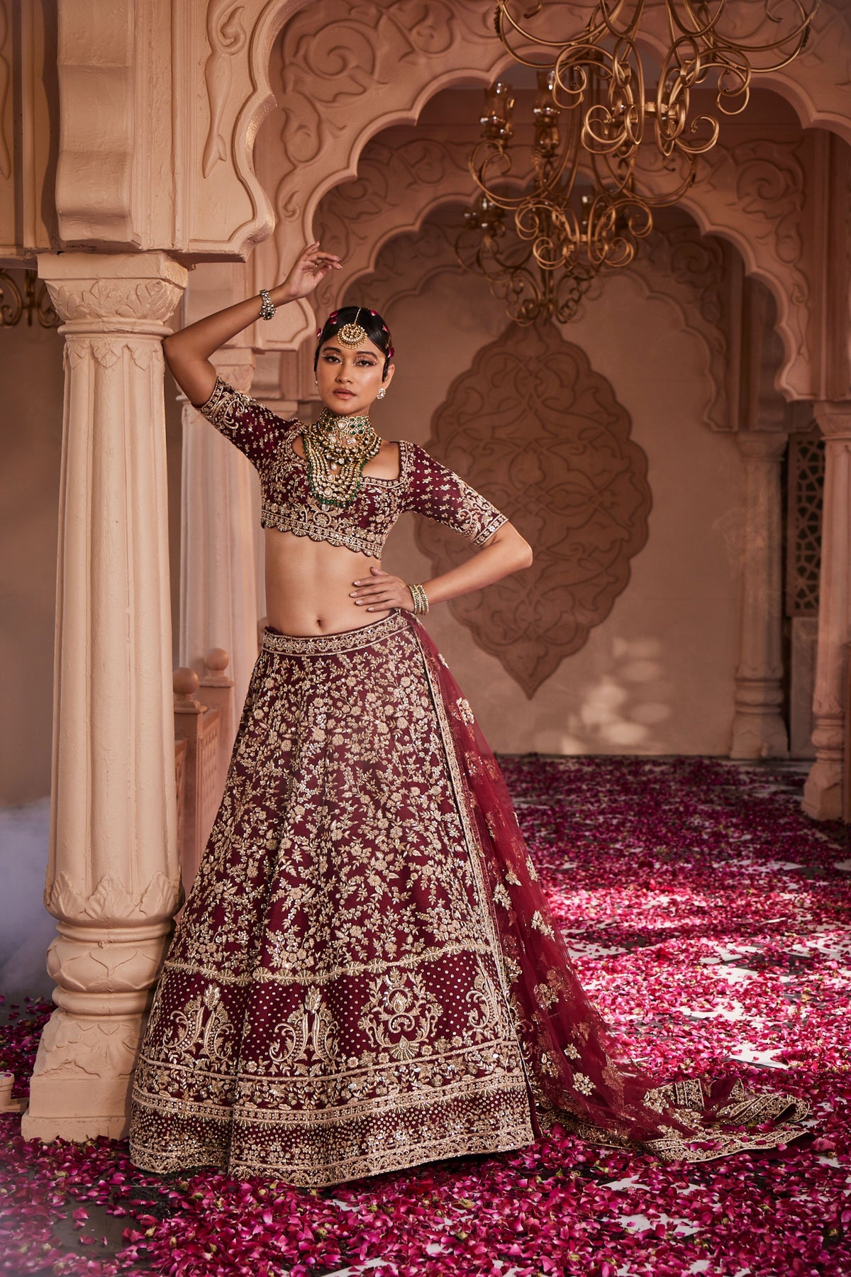 Maroon Heavily Hand Embroidered Lehenga