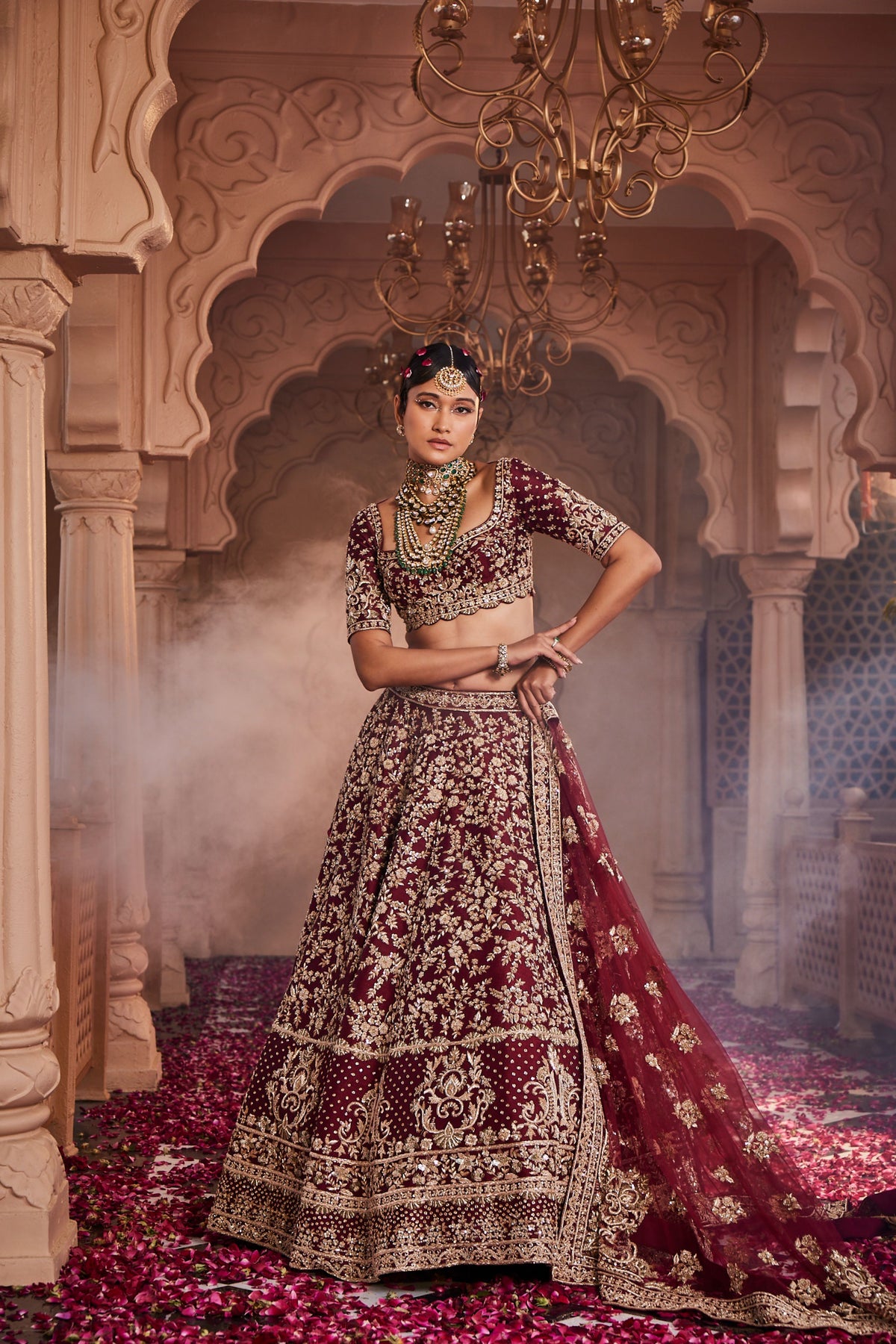 Maroon Heavily Hand Embroidered Lehenga