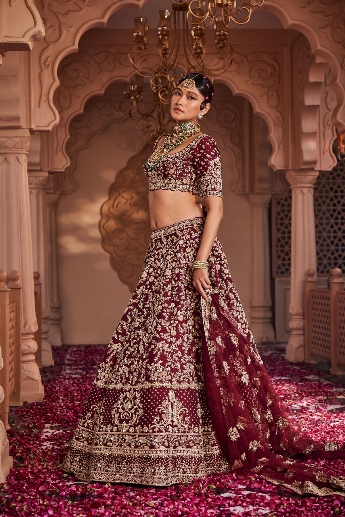 Maroon Heavily Hand Embroidered Lehenga