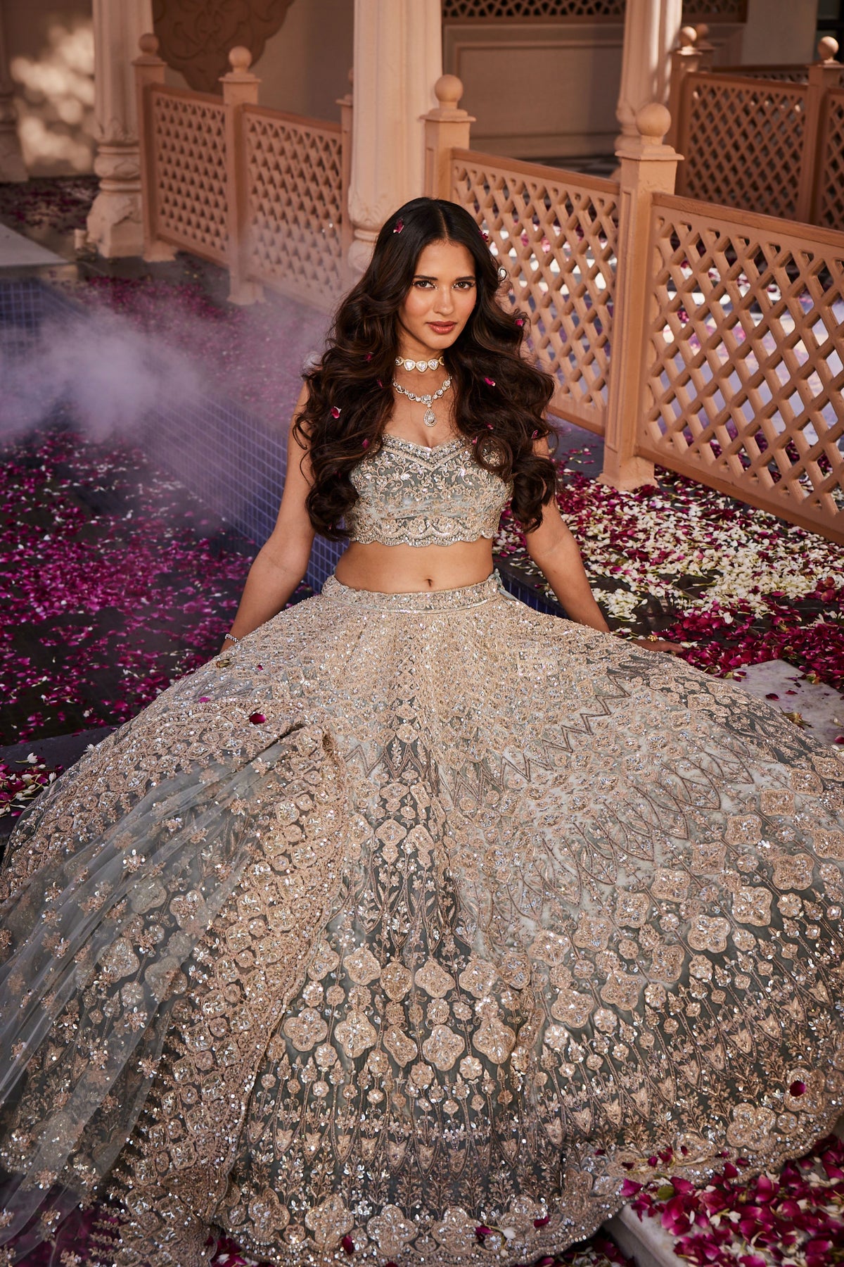 Dusty Firoza Velvet Embroidered Lehenga