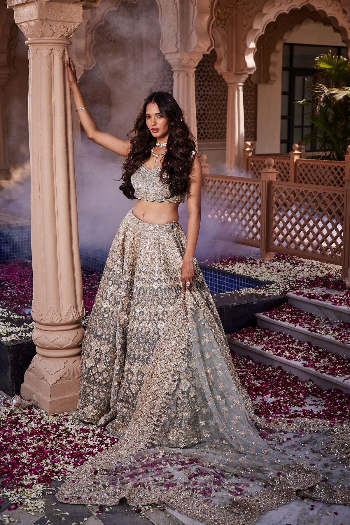 Dusty Firoza Velvet Embroidered Lehenga