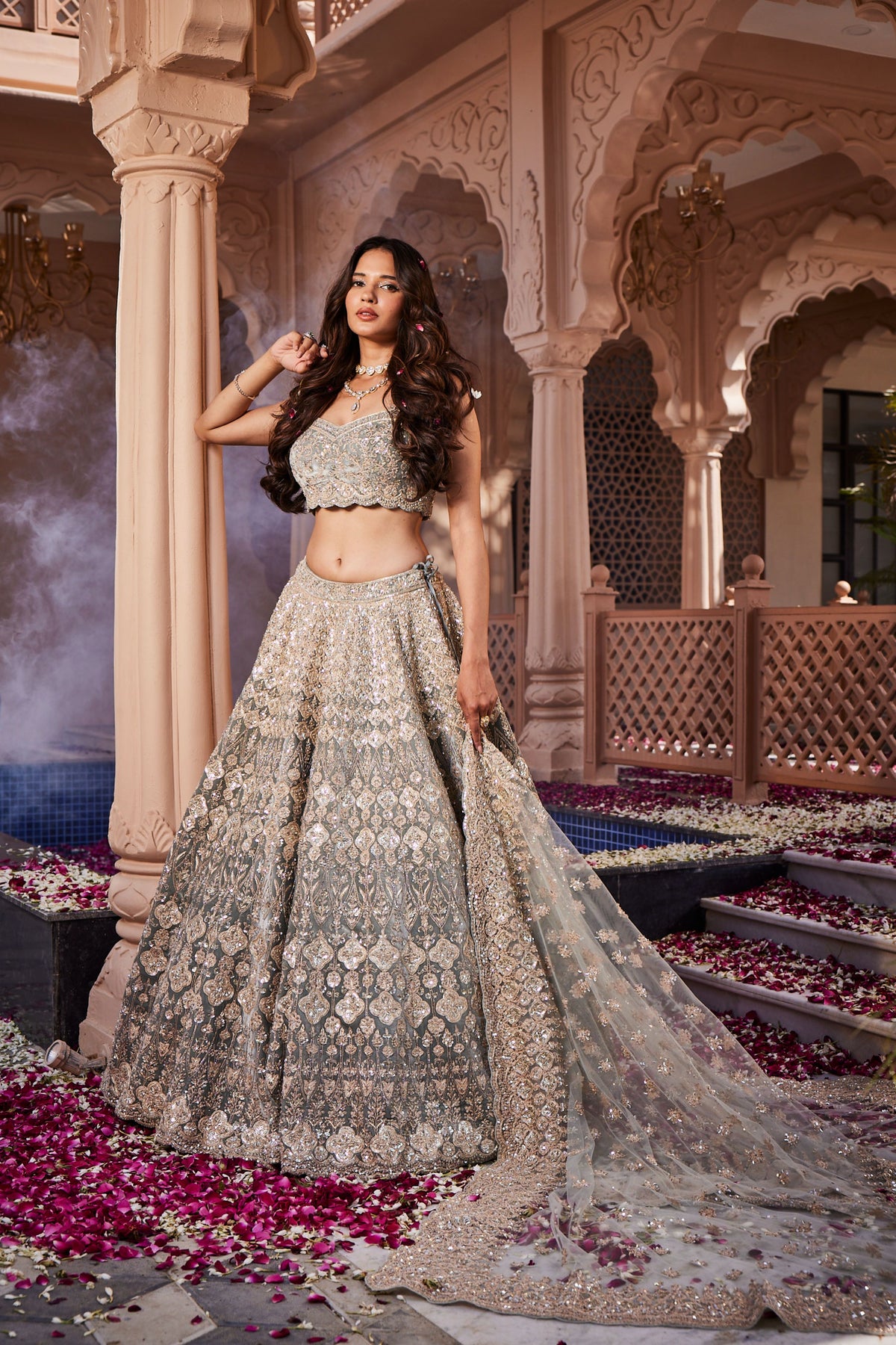 Dusty Firoza Velvet Embroidered Lehenga