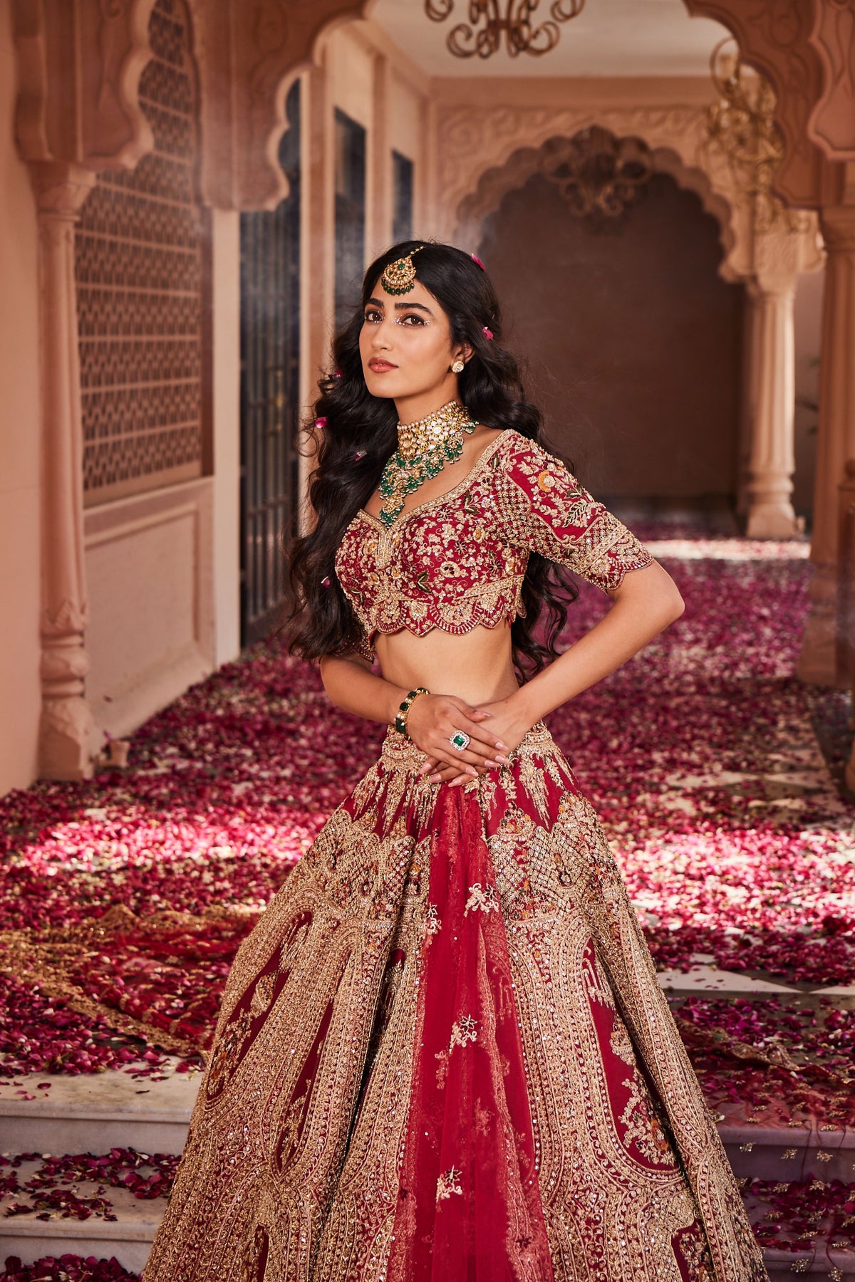 Red Raw Silk Embroidered Lehenga