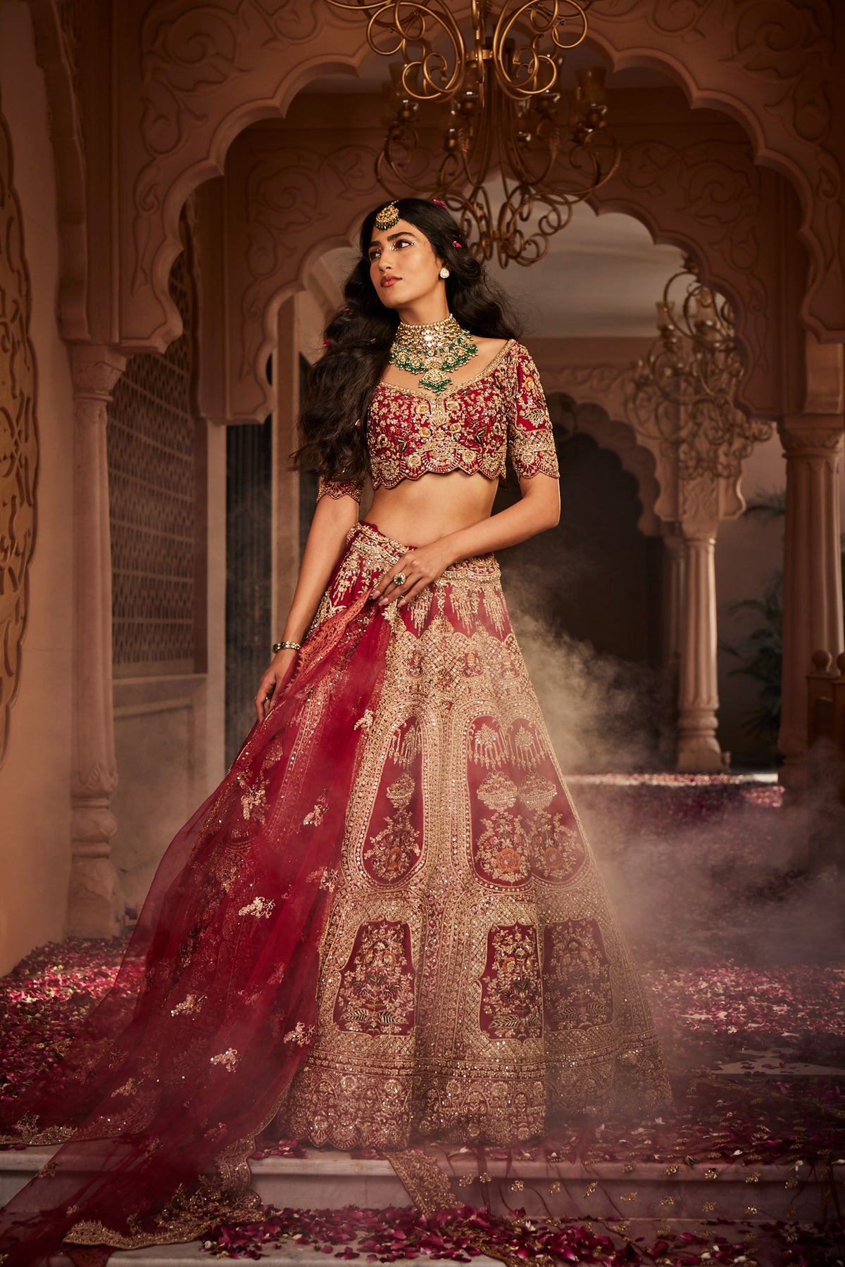 Red Raw Silk Embroidered Lehenga