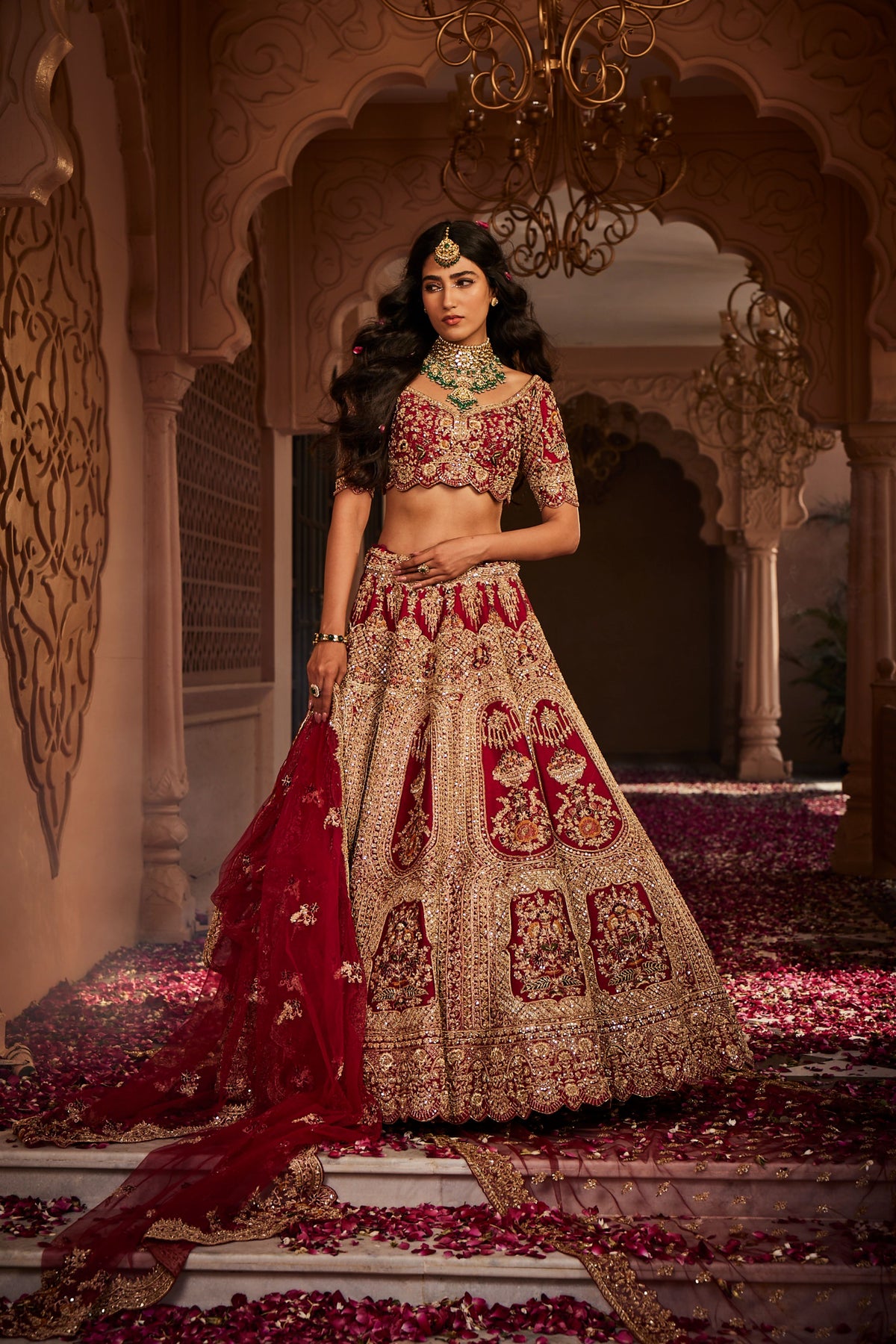 Red Raw Silk Embroidered Lehenga