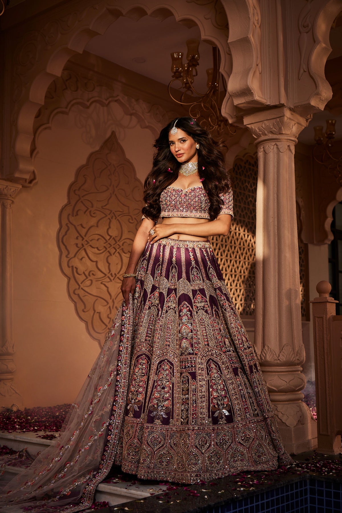 Wine Rawsilk Hand Embroidered Lehenga