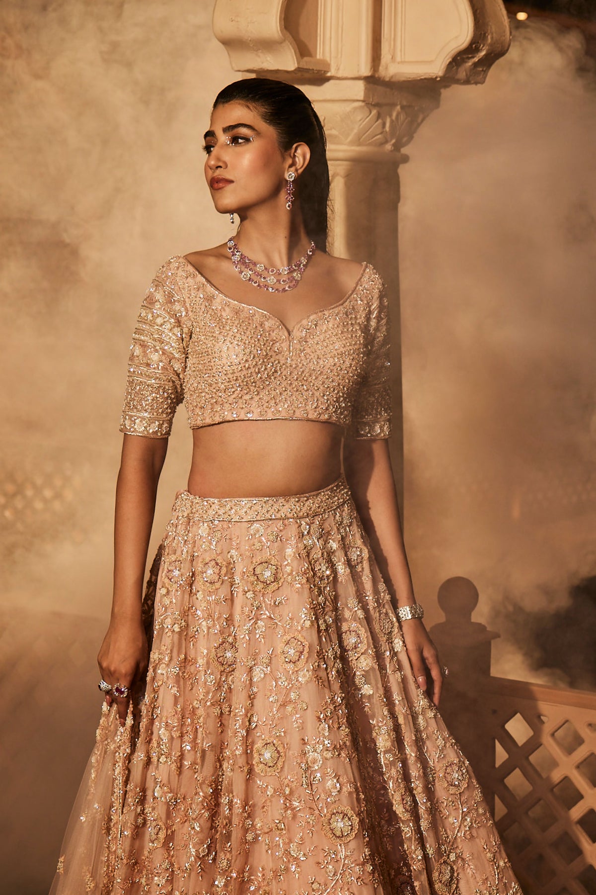 Peach Heavily Embroidered Lehenga