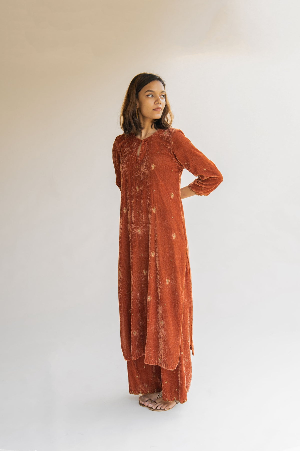 Rust noorah velvet kurta set