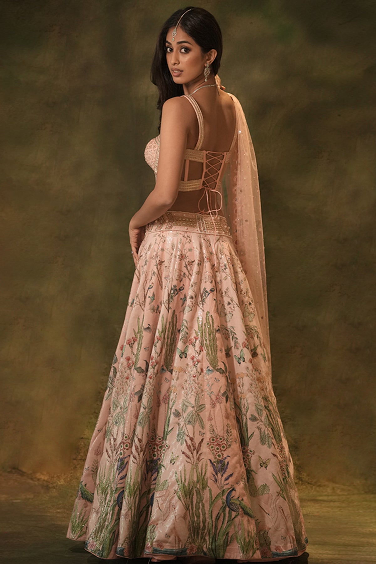 Pink Floral Corset Lehenga Set