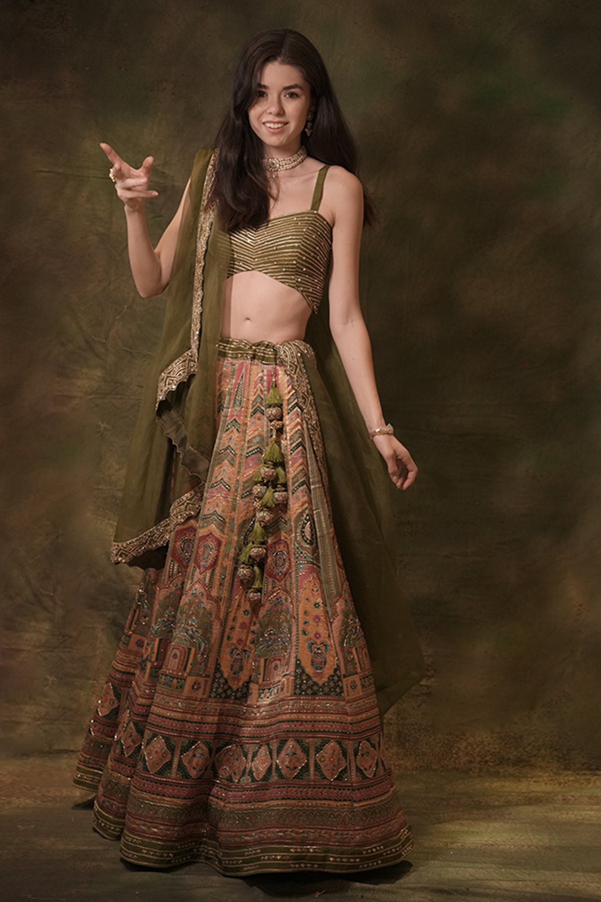 Jamdani Mehendi Green Lehenga Set