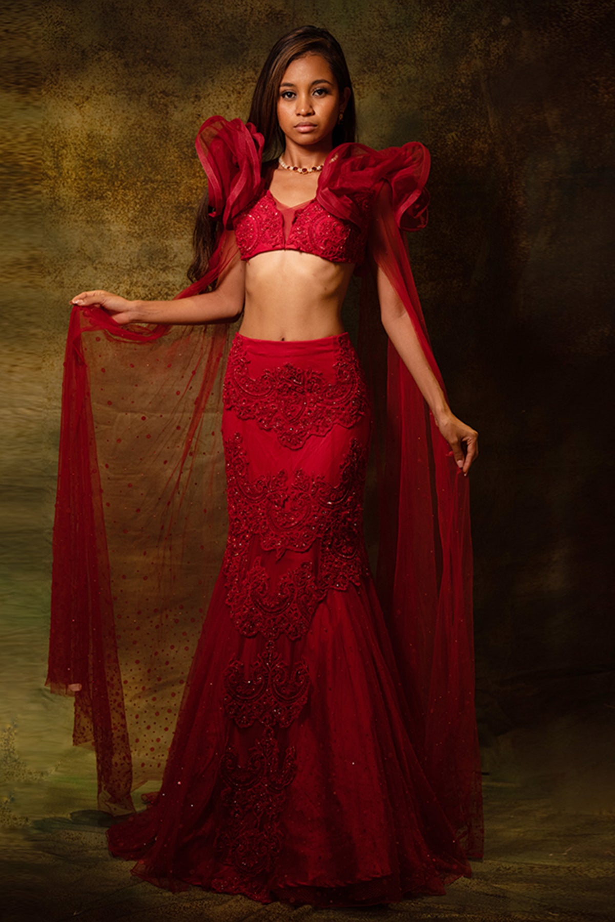 Contemporary Red Ruffle Lehenga Set